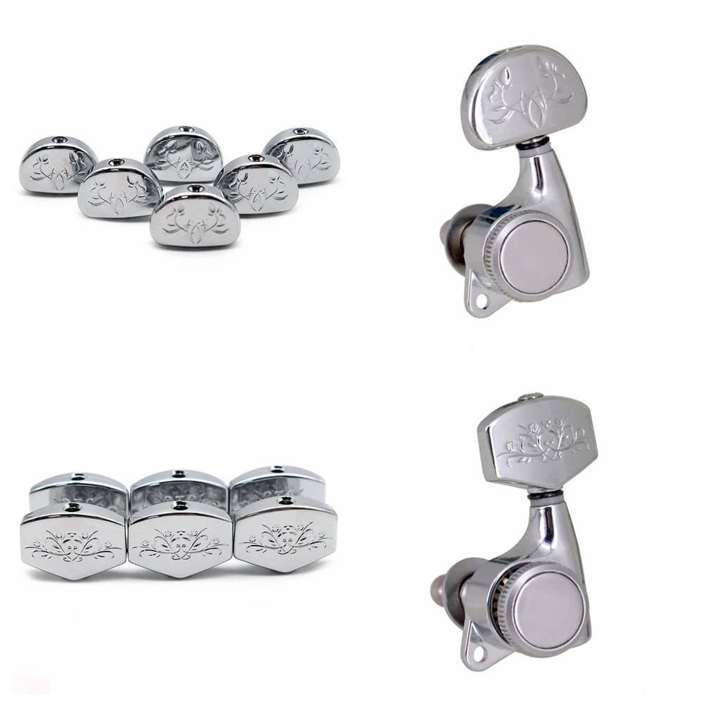 Afinador de guitarra, botão metálico, esculpido, oval/quadrado, para guitarra elétrica, prateado, 6 peças