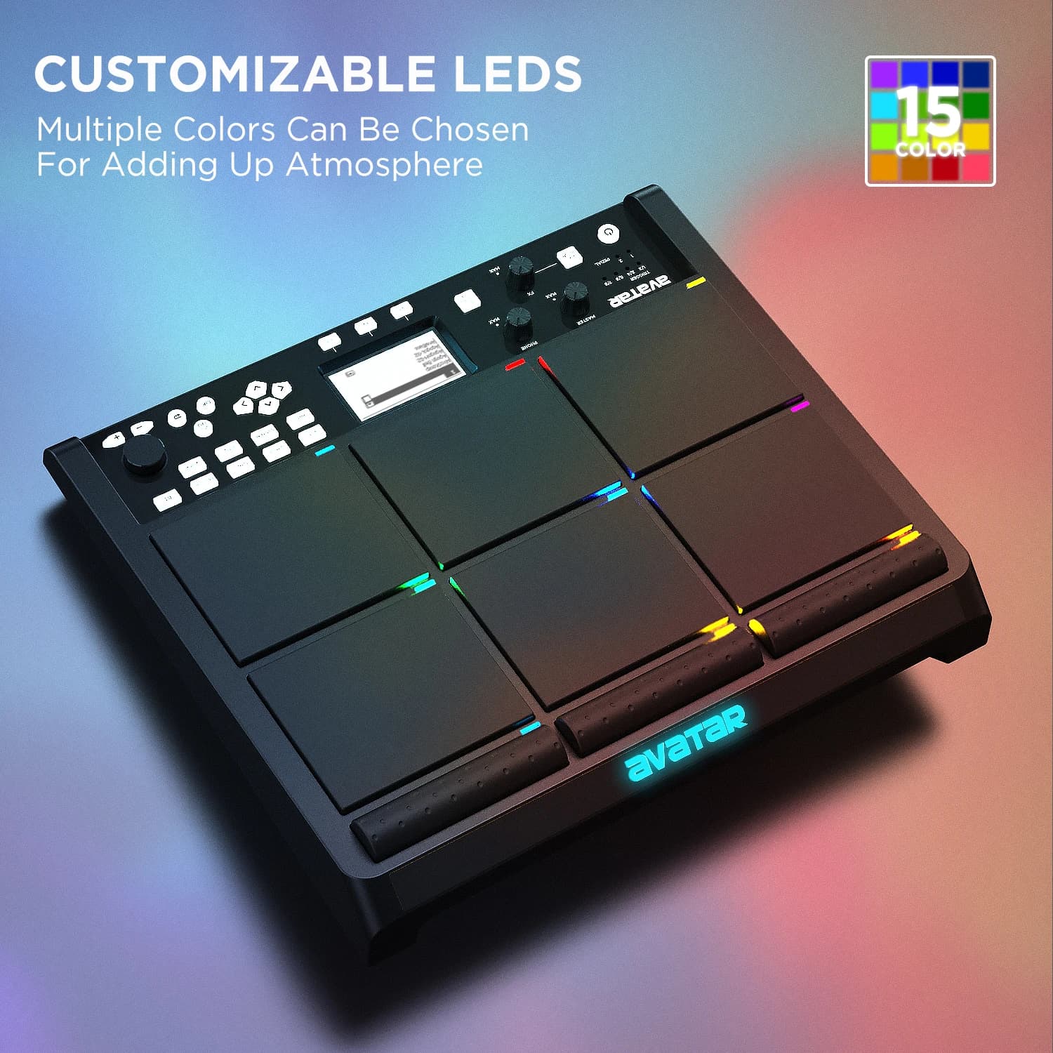Avatar PD708 Sample Pad, Pad de Bateria Eletrónica para Bateristas em Performances ao Vivo, 1000 Sons Integrados, 32GB de Armazenamento, Efeitos Integrados