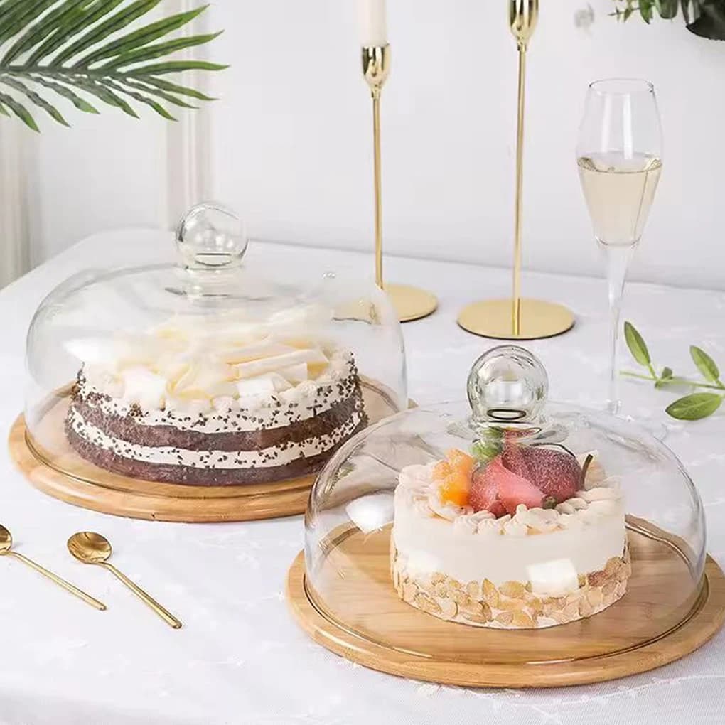 Prato de sobremesa de madeira com cúpula de vidro bandeja de servir bolo expositor prato lanche pratos cupcake suporte com capa