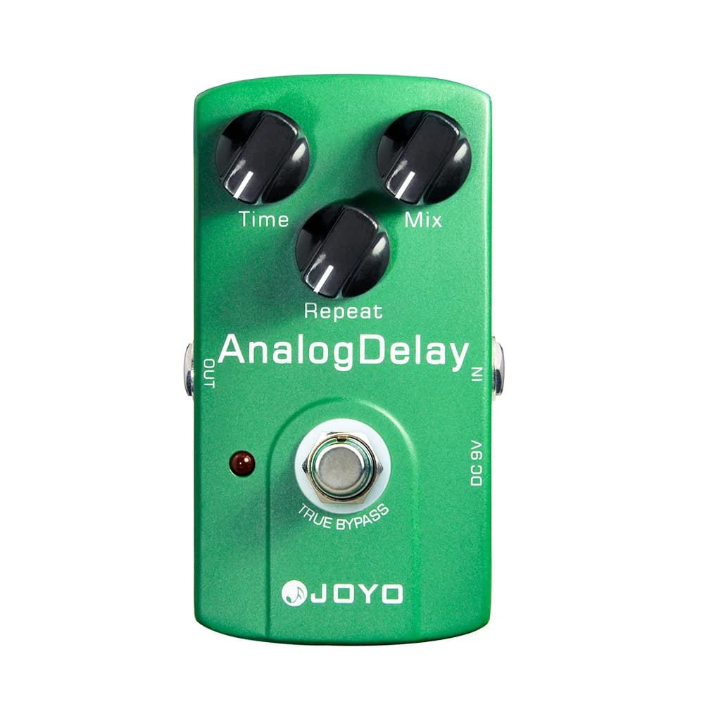 Pedal de efeito JOYO JF-33 ANALOG para guitarra elétrica, verde, com botões Time, Mix, Repeat e TRUE BYPASS.