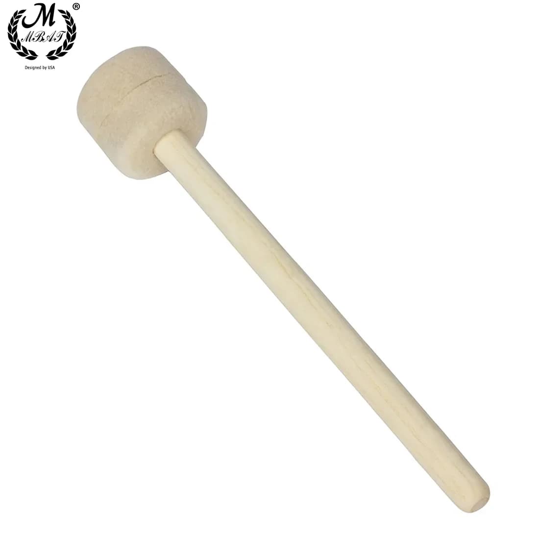 Baqueta de tambor de madeira com cabo longo, cabeça arredondada, fundo branco