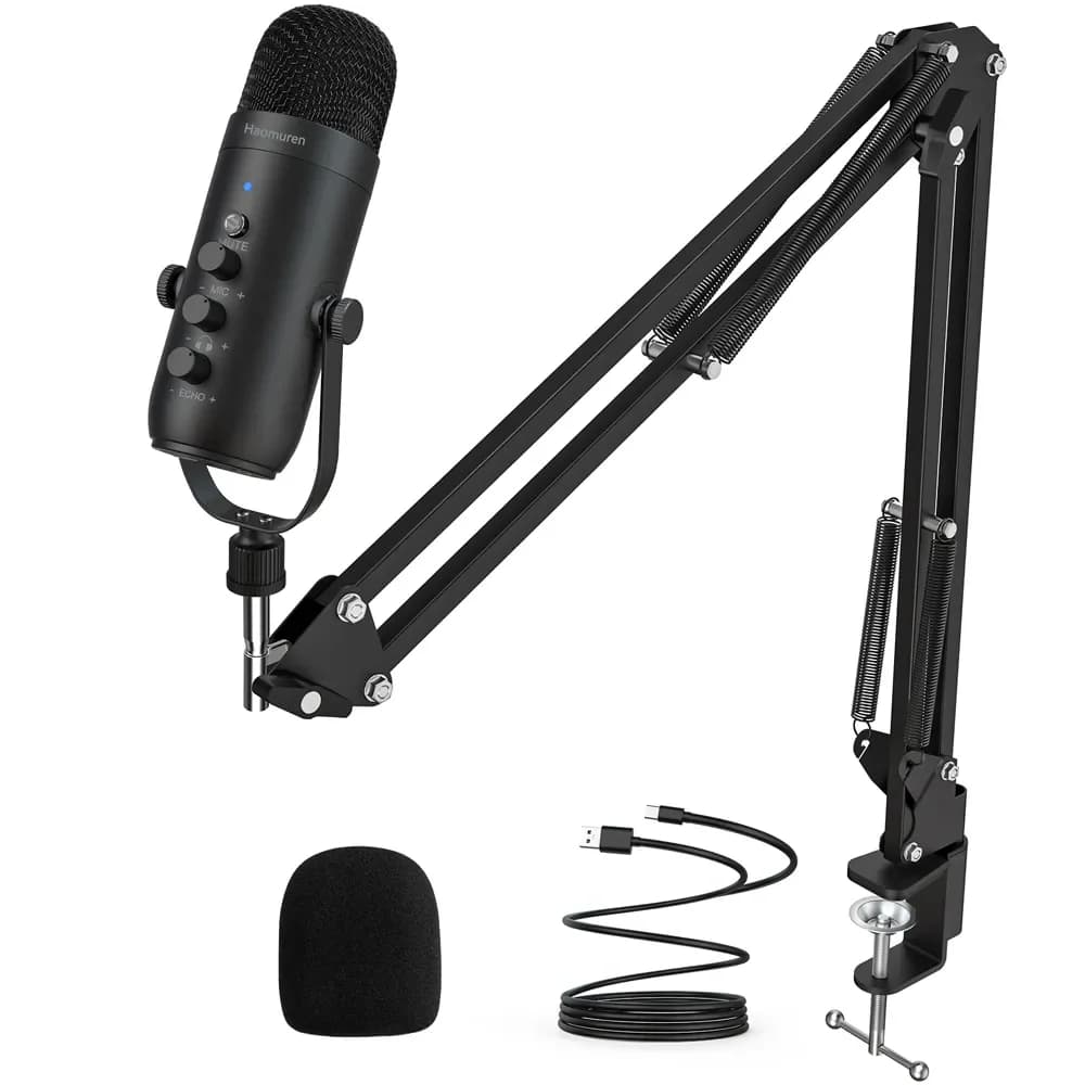 Haomuren profissional usb streaming podcast pc microfone estúdio cardióide condensador microfone kit com braço de lança para gravação youtube