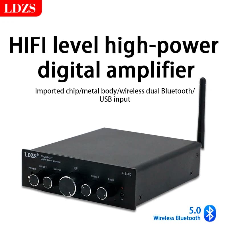 Amplificador LDZS, corpo em metal, entrada USB, Bluetooth 5.0, controles rotativos, fundo branco