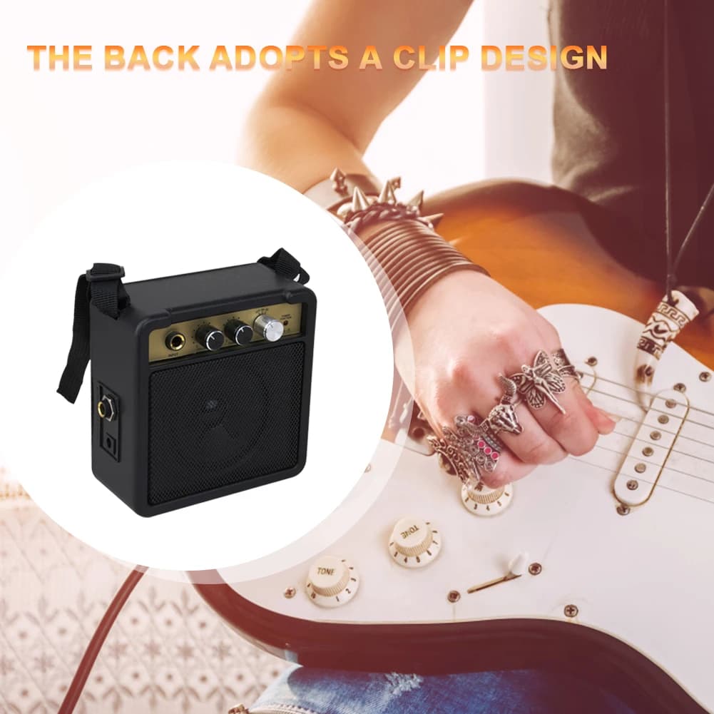 Mini Amplificador de Guitarra Portátil 5W com Baixo Consumo de Energia e Clipe Traseiro - Acessório para Instrumentos Musicais