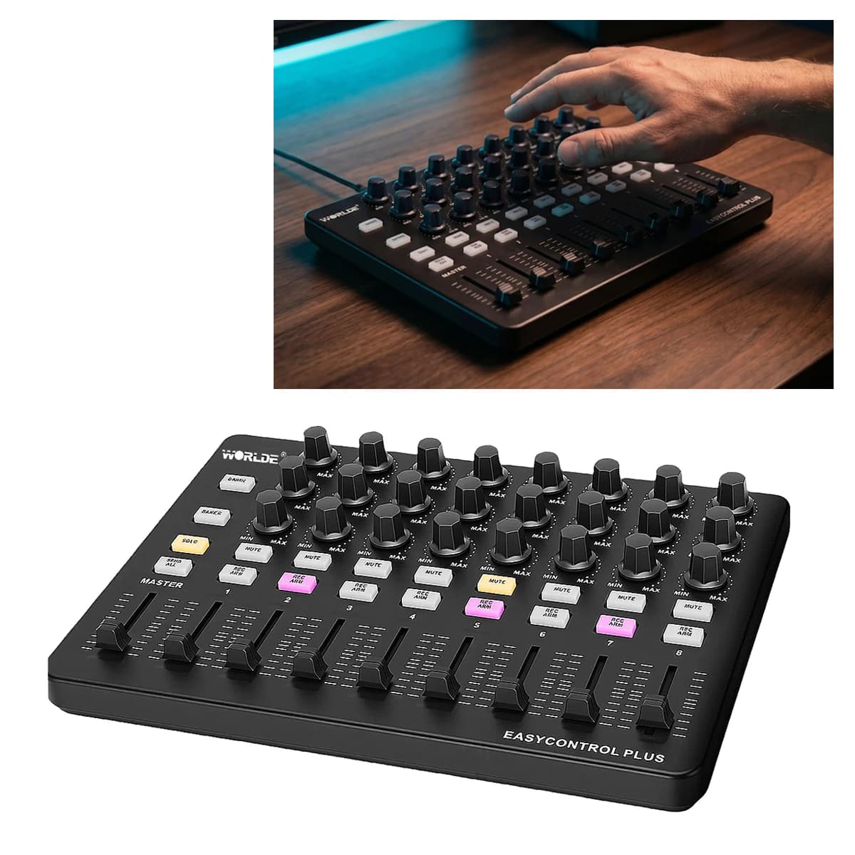 Controlador MIDI USB Worlde Easycontrol Plus – 24 Botões Programáveis, 9 Faders, 18 Botões de Função, Função Send All, 16 Bancos