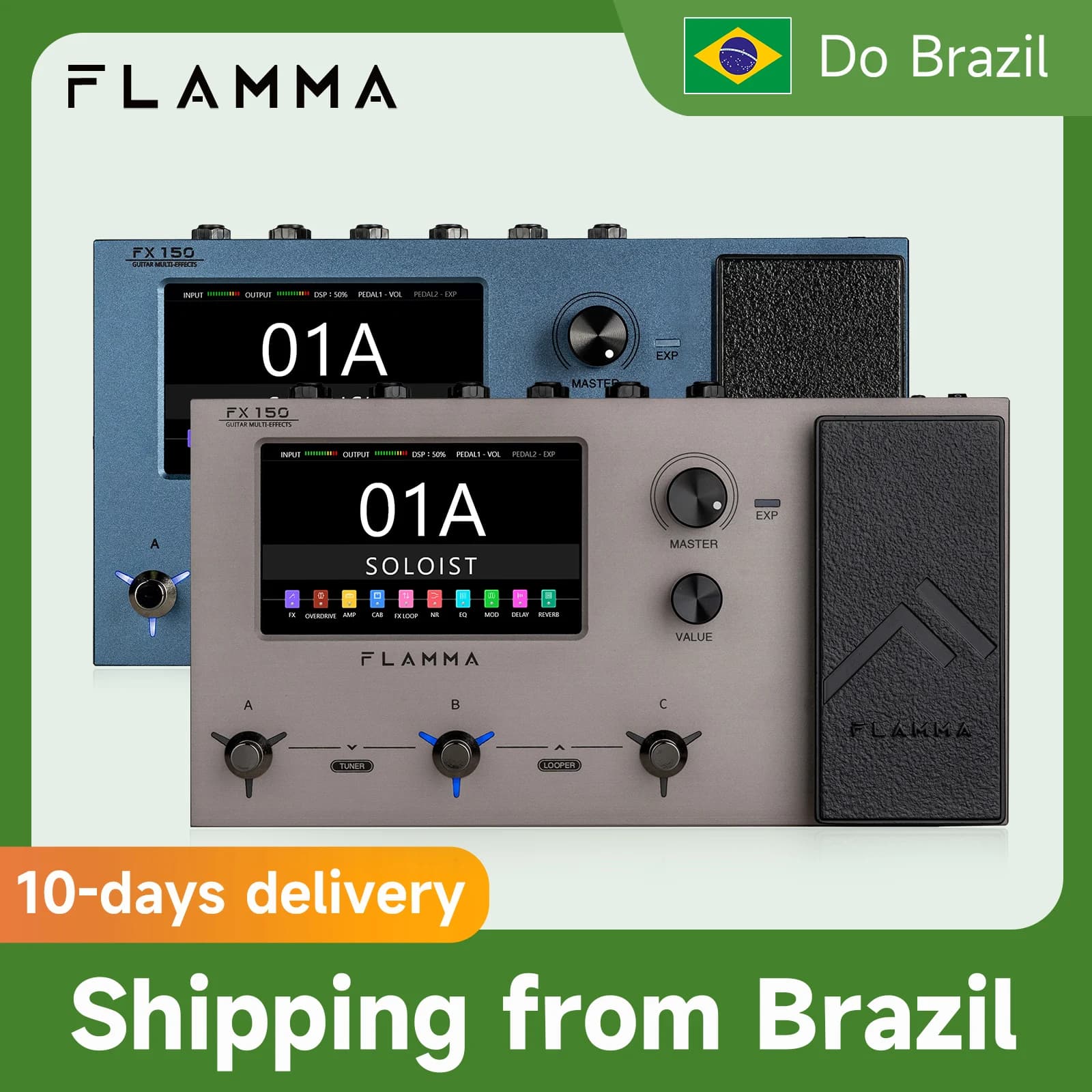 FLAMMA-FX150 Pedal de Guitarra Multi Efeitos, 160 Efeitos, 180 Slots Preset, 30 Cab, Simulação, 80 Drum Machine, 52S Looper, Touch Screen