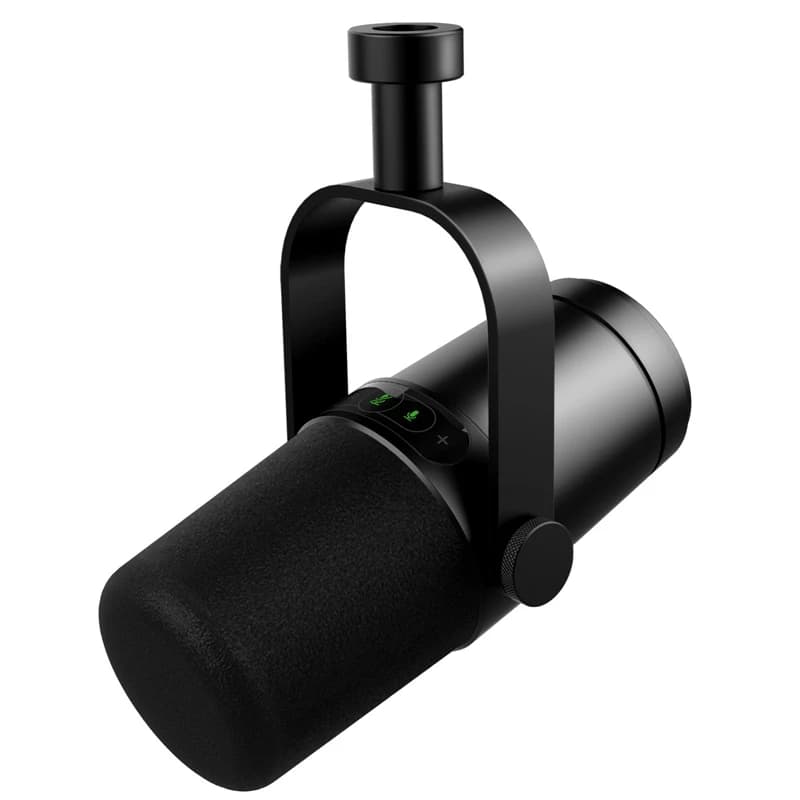 Microfone dinâmico profissional preto montado em suporte de mesa com botões verde e vermelho
