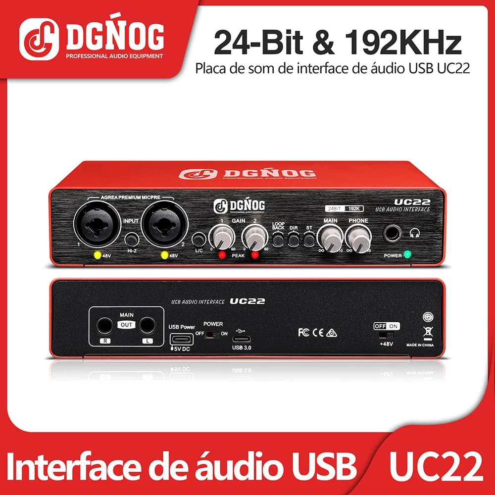 Placa de som de interface de áudio uc22, conversor ad de 24 bits/192khz, guitarra elétrica, gravação ao vivo, estúdio profissional, canto, podcast