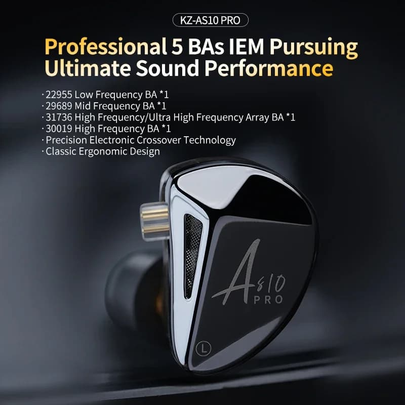 Fone de ouvido KZ AS10 PRO 5BA com design elegante em preto e prata, destacando a performance sonora profissional.