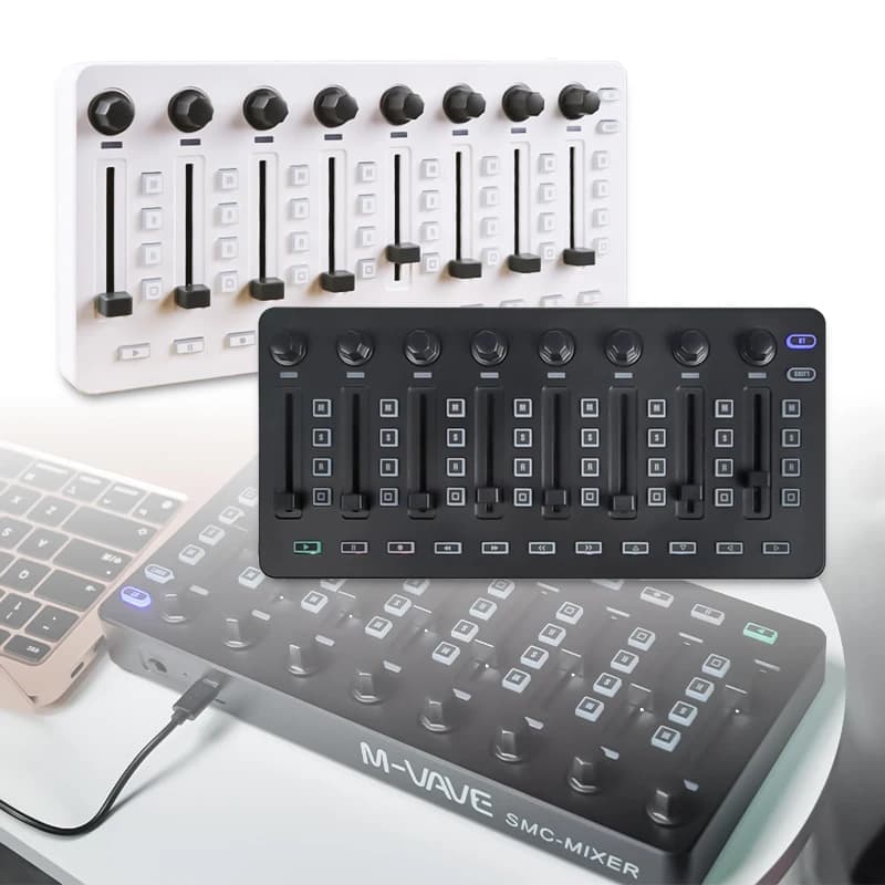 M-VAVE SMC-MIXER Controlador MiDi 8 encoders rotativos contínuos 8 faders 43 botões atribuíveis Compatível com Bluetooth Bateria integrada