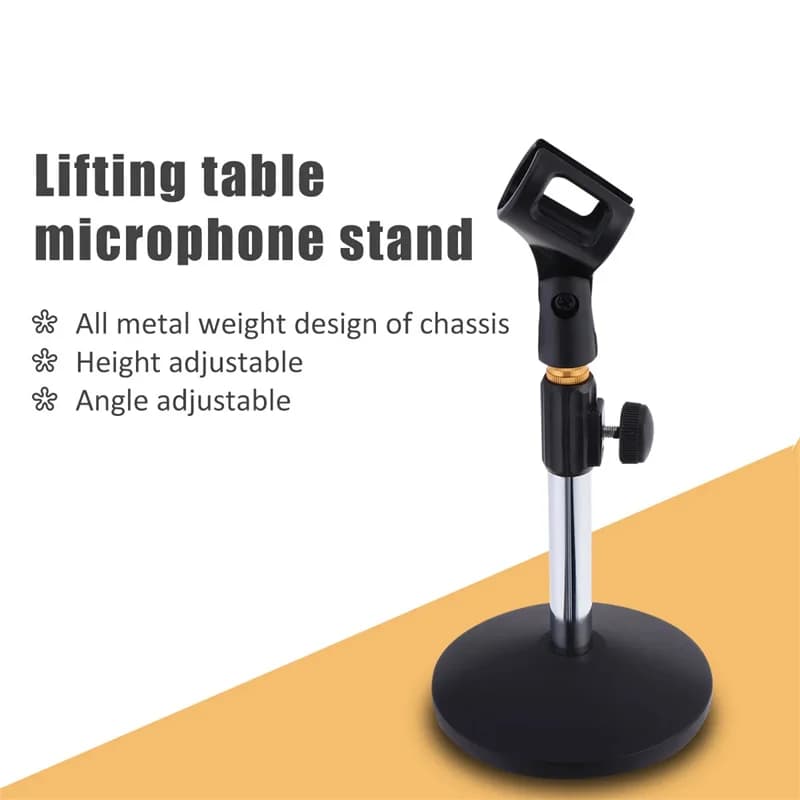 Suporte de microfone ajustável com base preta e haste cromada, altura e ângulo ajustáveis