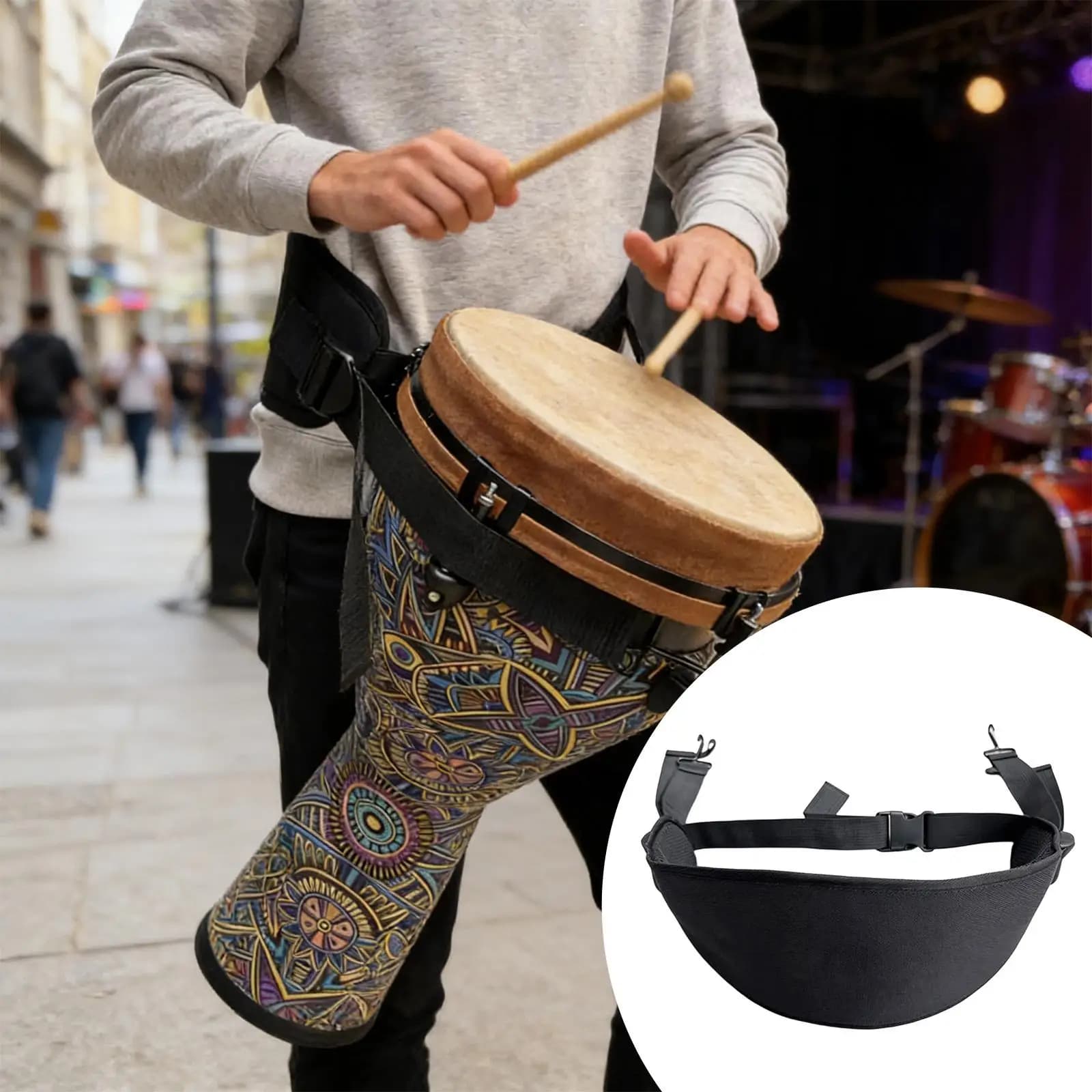 Cinto de djembe para tambor de mão com padrões geométricos multicoloridos e ajuste ajustável.