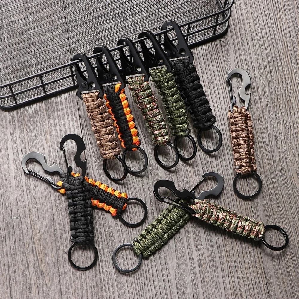 Paracord chaveiro militar trançado núcleo corda mosquetão abridor de garrafa ao ar livre nó de emergência ferramentas sobrevivência para acampamento caminhadas