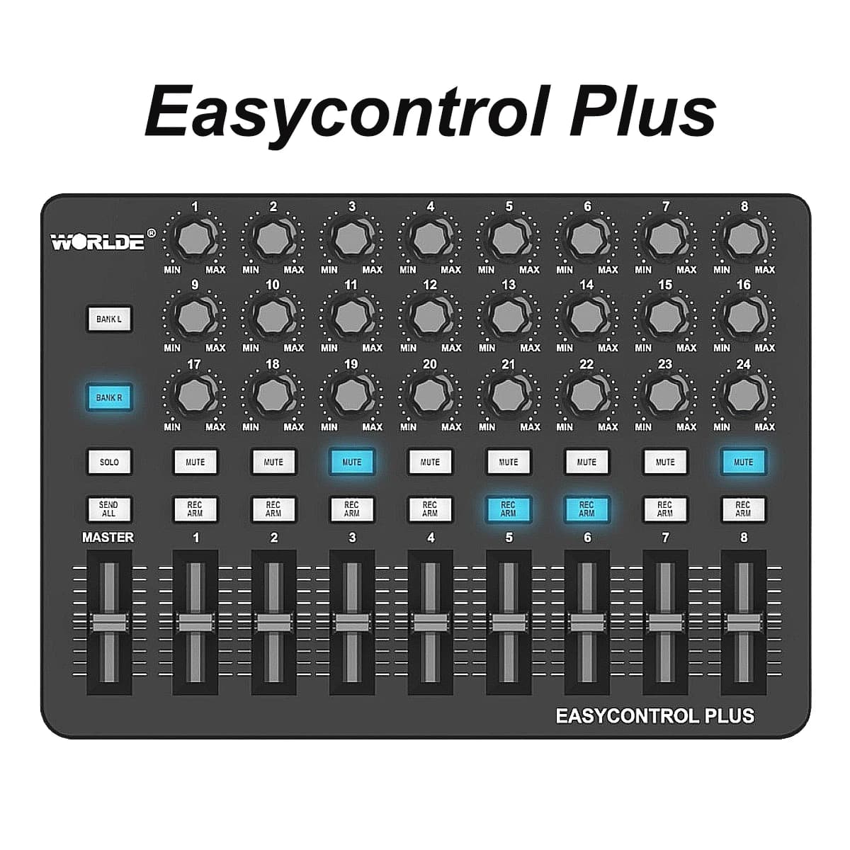 Controlador MIDI Portátil Worlde Easycontrol Plus – 24+9+18 Controles Atribuíveis, 16 Bancos, Sincronização de Parâmetros com Uma Tecla, USB-C, 483g