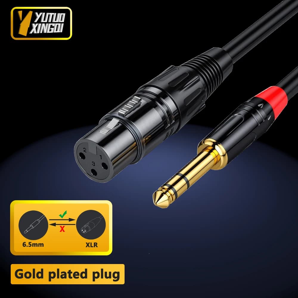 Cabo de áudio fêmea 6.5mm para XLR 6.35, plug banhado a ouro, dois núcleos