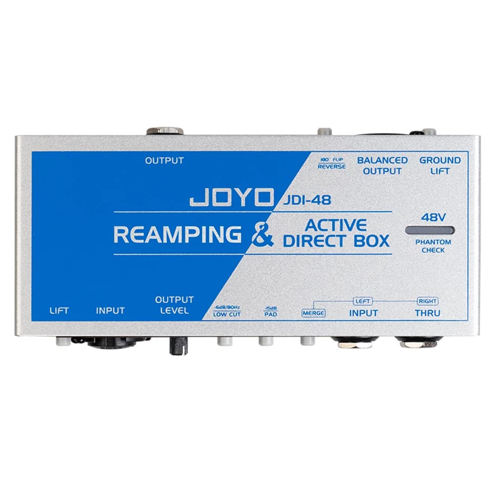 Pedal de efeito multi JOYO JDI-48, com diversas entradas e saídas, mostrado em ângulo frontal.