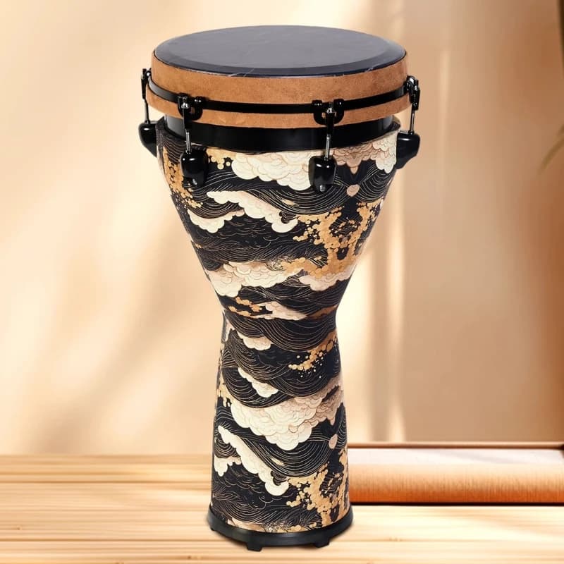 Djembe profissional 12 polegadas com design de ondas em preto, dourado e branco