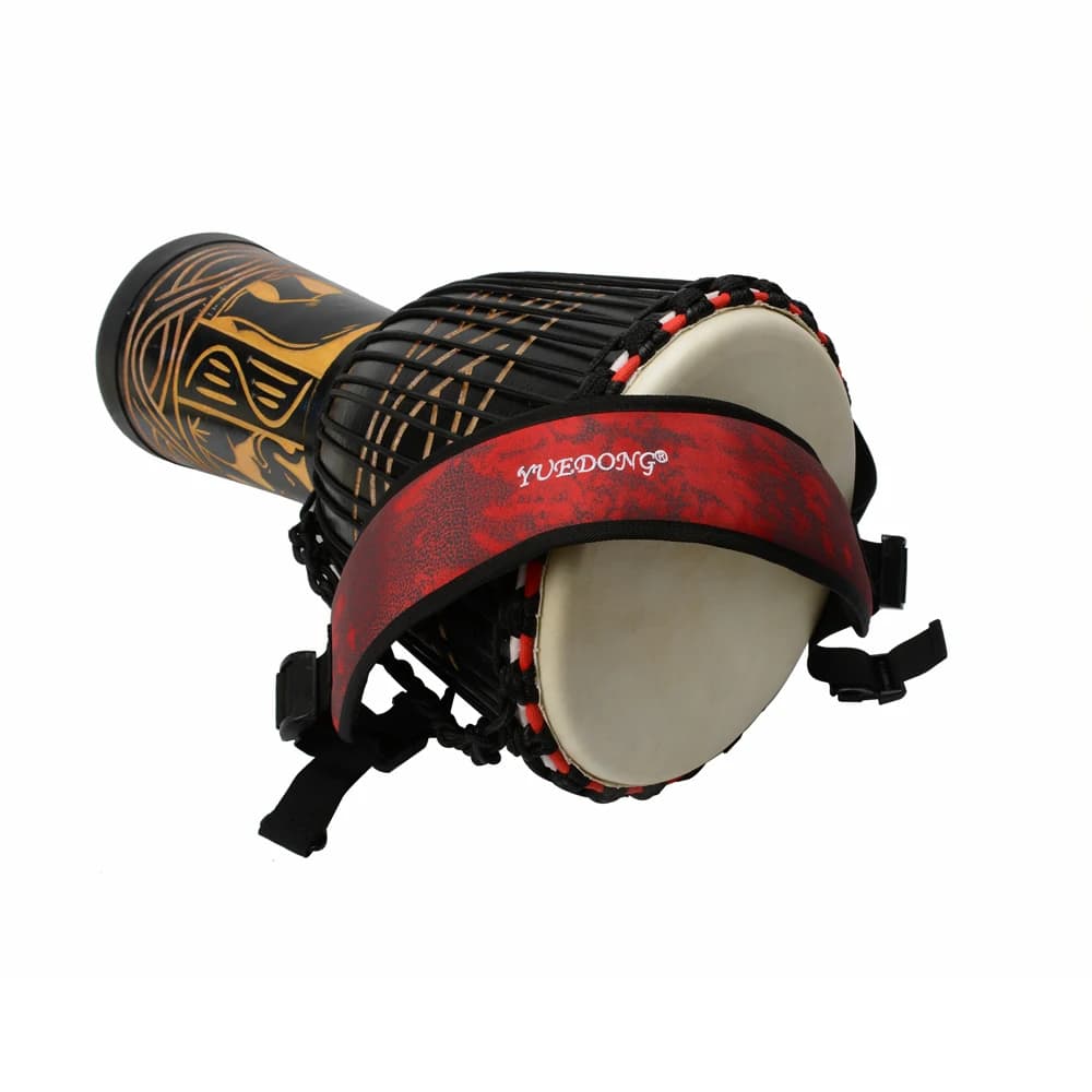 Alça vermelha e preta para tambor africano, design geométrico, logotipo MYEDONG, percussão rítmica