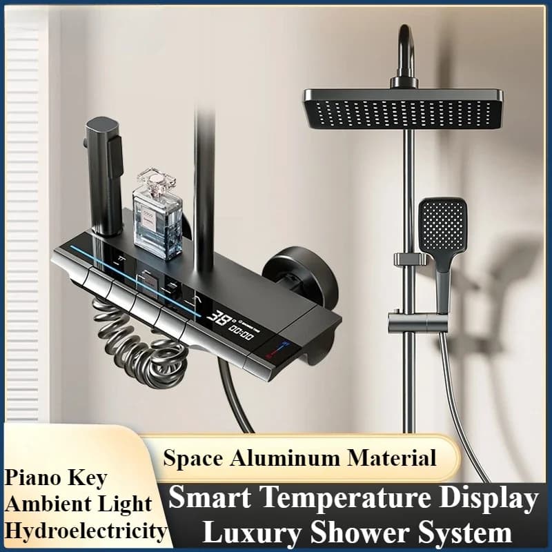 Conjunto de chuveiro com display digital de temperatura inteligente, torneira de parede para banheiro, chave de piano, 4 maneiras, saída de água, sistema de torneira de chuveiro