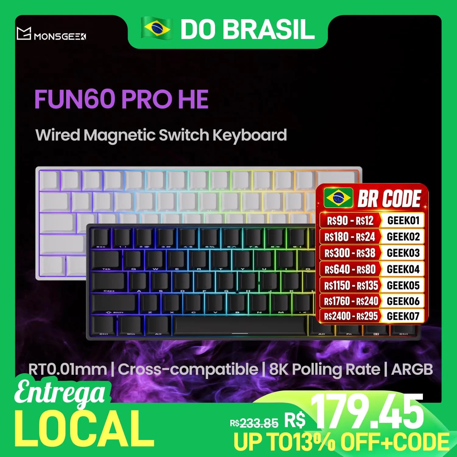 Akko monsGeek fun60 pro he teclado magnético 60% esports teclado para jogos gatilho rápido 0.01mm 8k teclado personalizado com fio para gamer