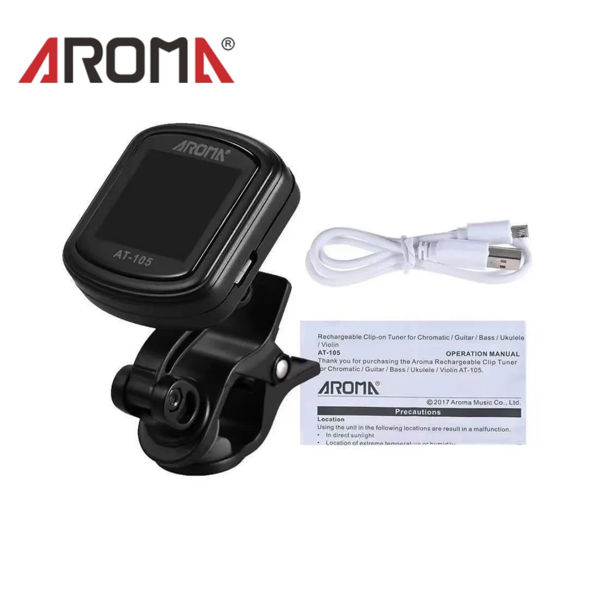 Afinador de Guitarra Clip-On Aroma AT-105, preto, com cabo USB branco e manual de operação.