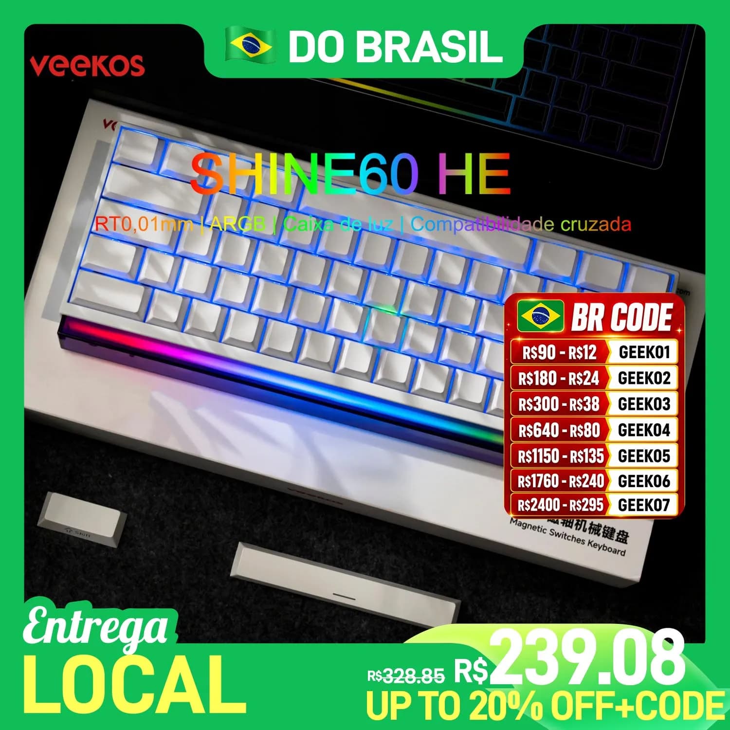 Veekos Teclado Shine60 HE 60% AGRB com Lightbox RT0.01mm Interruptor Magnético 8K Tipo-C Teclado Mecânico E-Sports