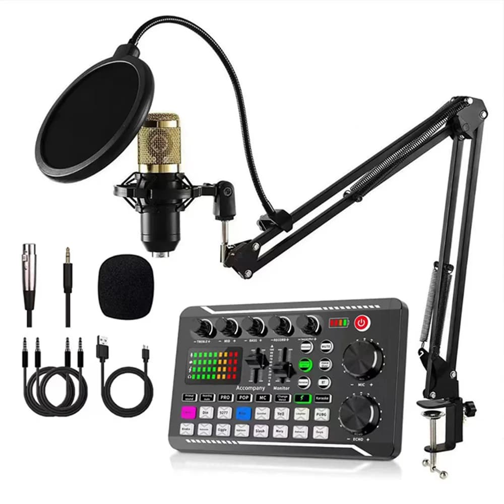 Kit de equipamentos de podcast com microfone condensador e misturador de áudio profissional