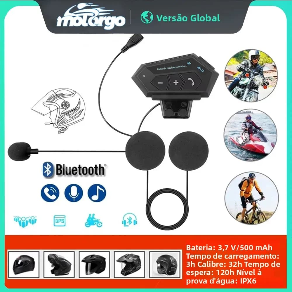 Bt12 bluetooth capacete da motocicleta fone de ouvido sem fio moto handsfree estéreo alto-falante chamada automática/manual