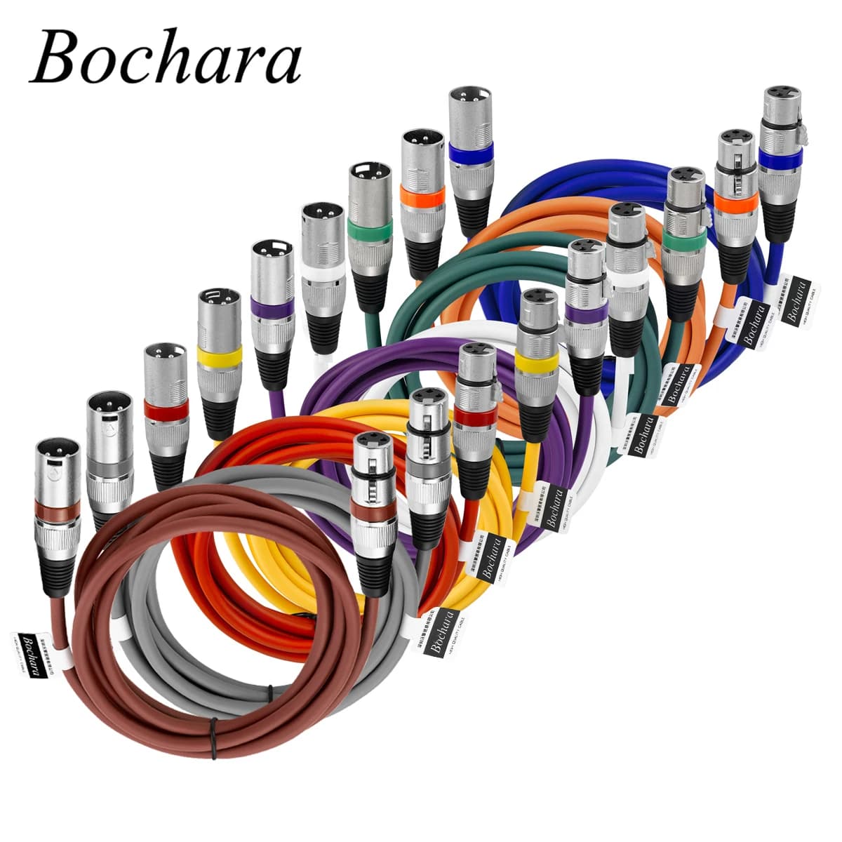 Cabos XLR Bochar macho para fêmea, cores variadas, conectores prateados, fundo branco