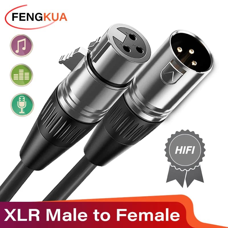 Cabo XLR macho para fêmea, conectores prateados, fundo branco, texto 'XLR Male to Female'.