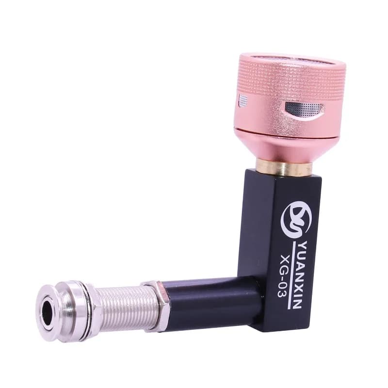 Captador de microfone cajon de metal rosa e preto com entrada de áudio de 3,5 mm.