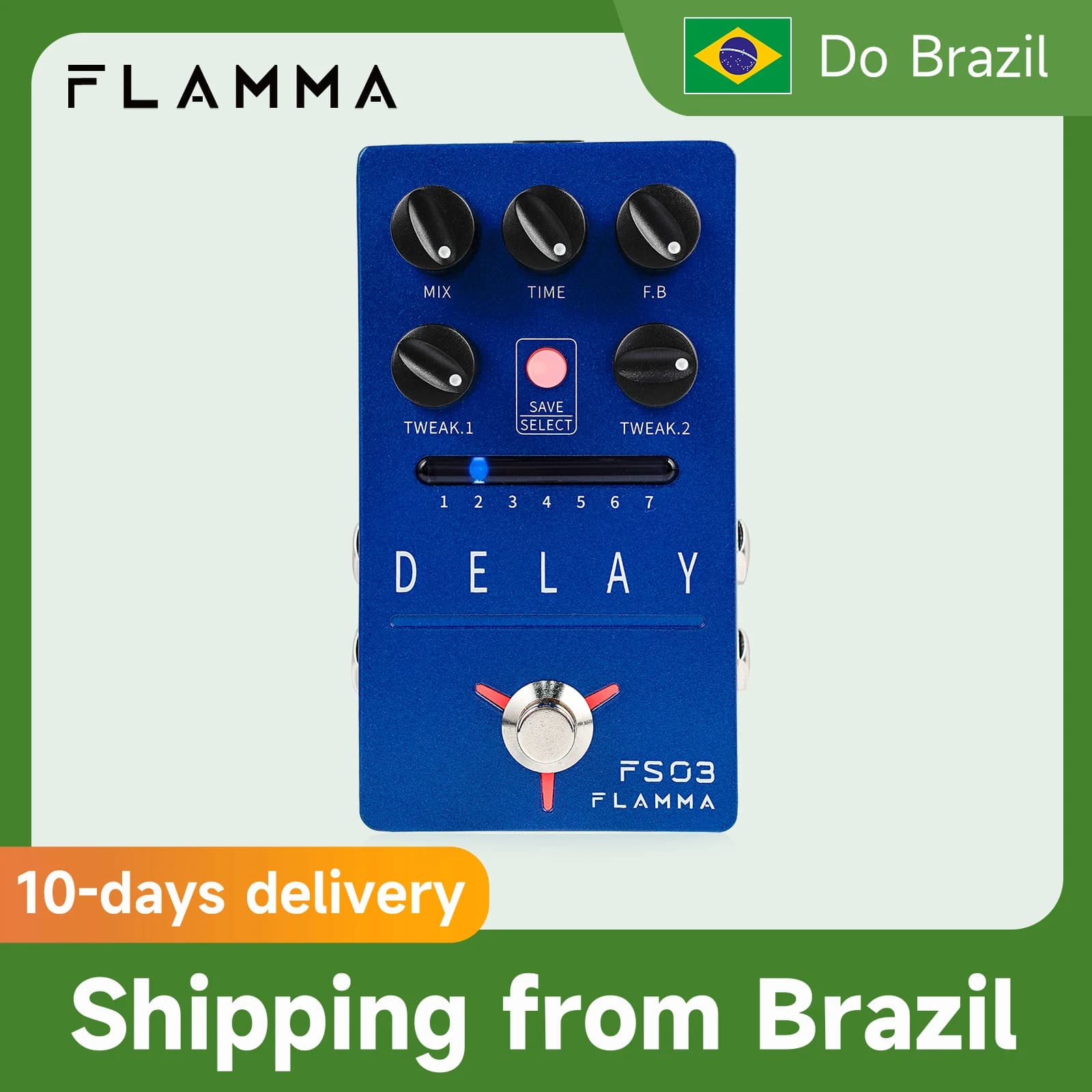 FLAMMA FS03 Pedal de efeitos de atraso de guitarra Pedal de atraso estéreo 6 efeitos de atraso com predefinições armazenáveis Looper dos anos 80 Tap Tempo Trail on