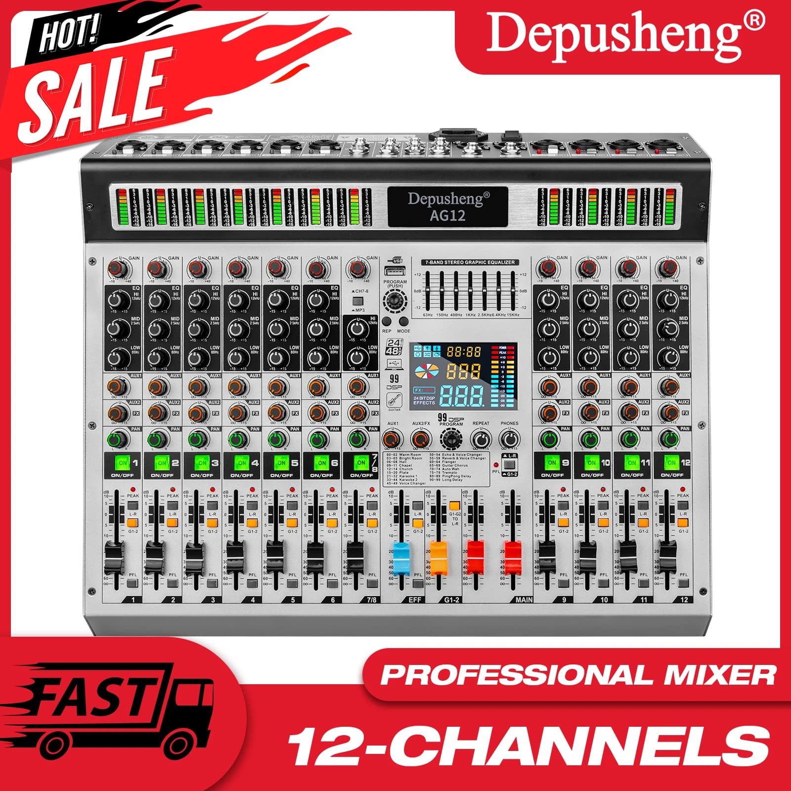 Mixer digital de 12 canais Depusheng Mixer de áudio profissional 99 DSP efeitos digitais console de áudio mixer DJ Mixer de áudio