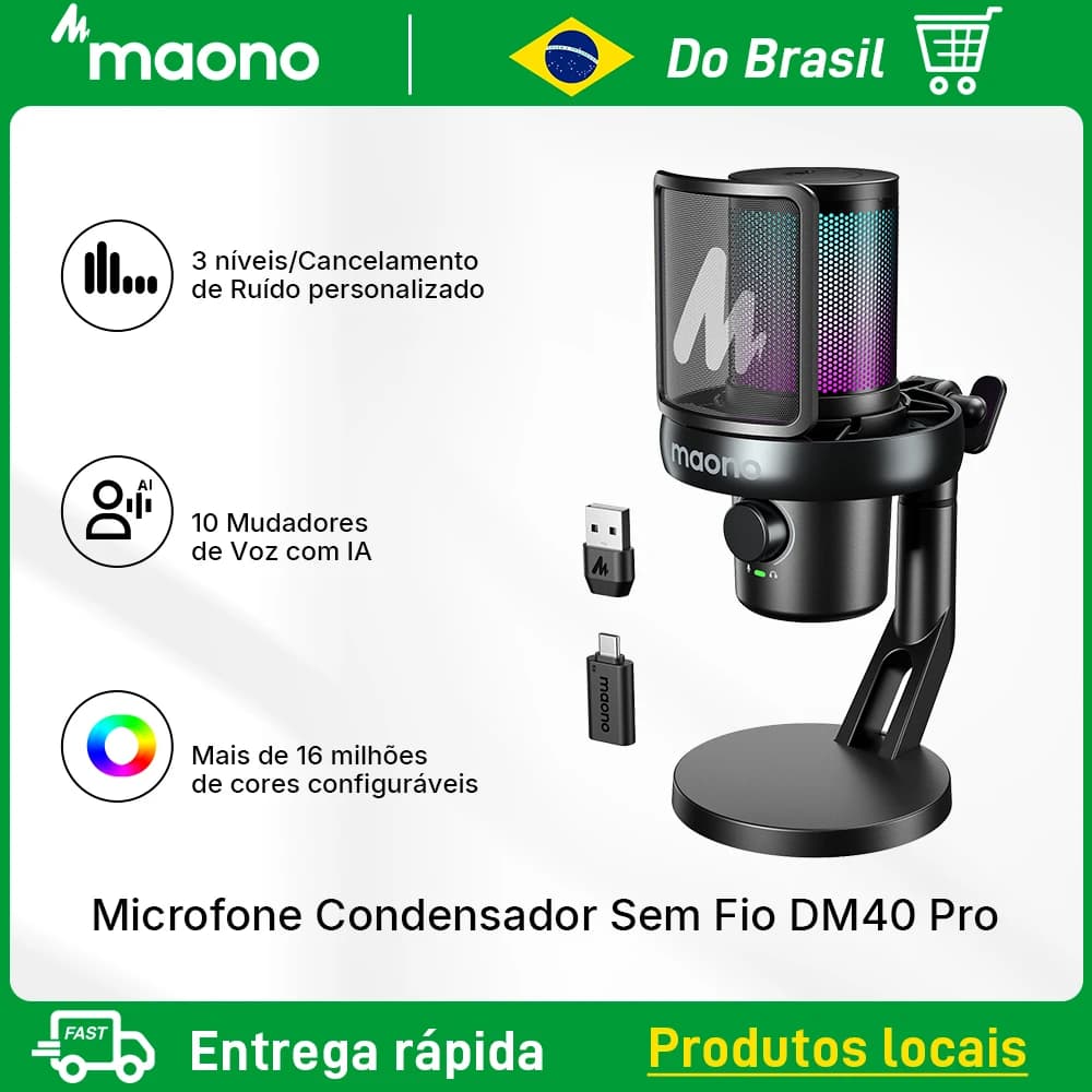Microfone Condensador USB Sem Fio Maono DM40 Pro com Redução de Ruído e Mudança de Voz por IA, Microfone Recarregável para Jogos e Transmissão ao Vivo