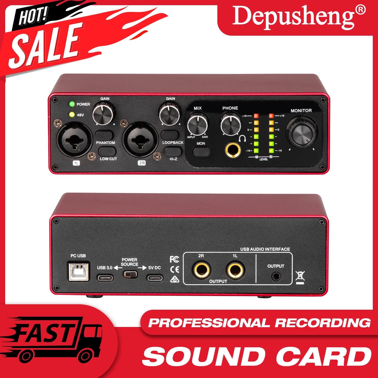 Interface de áudio profissional portátil usb placa de som misturador para 48v microfone gravação instrumento musical