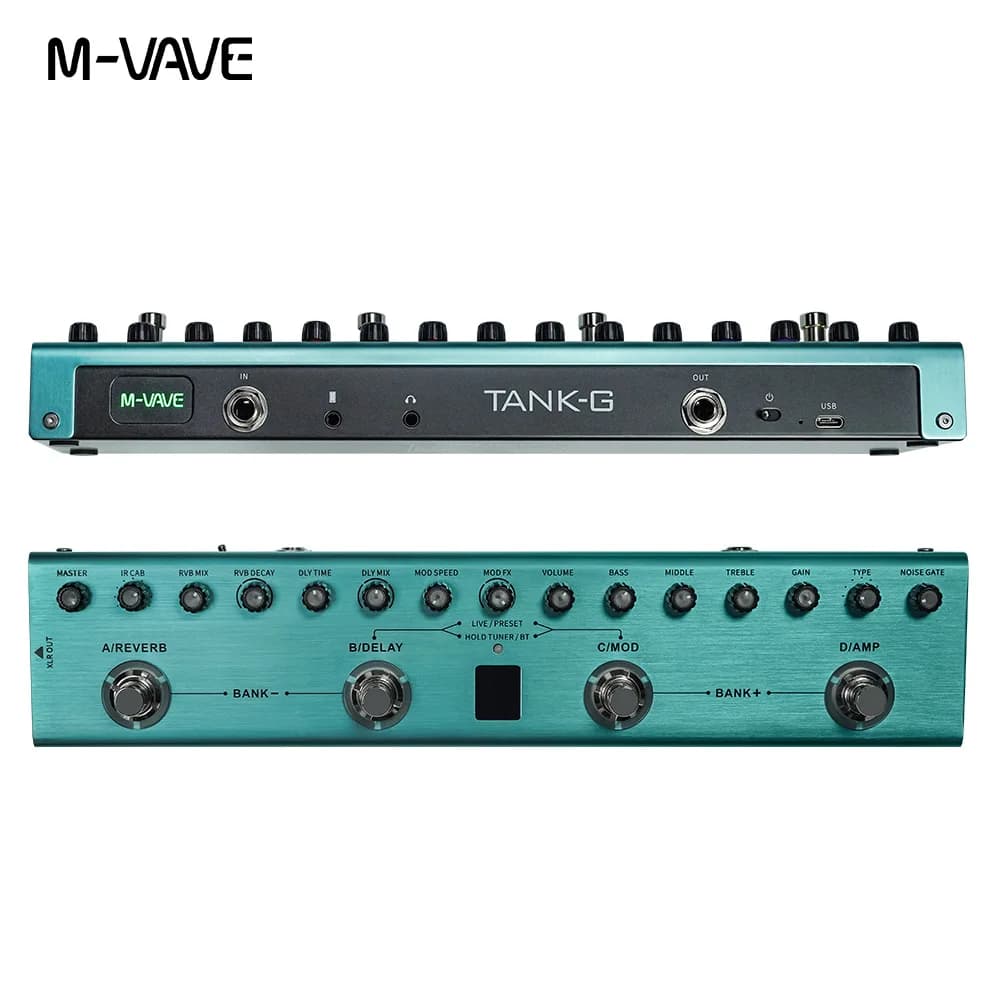 Pedal de guitarra multi-efeitos M-VAVE-G cinza e azul turquesa com botões e knobs.