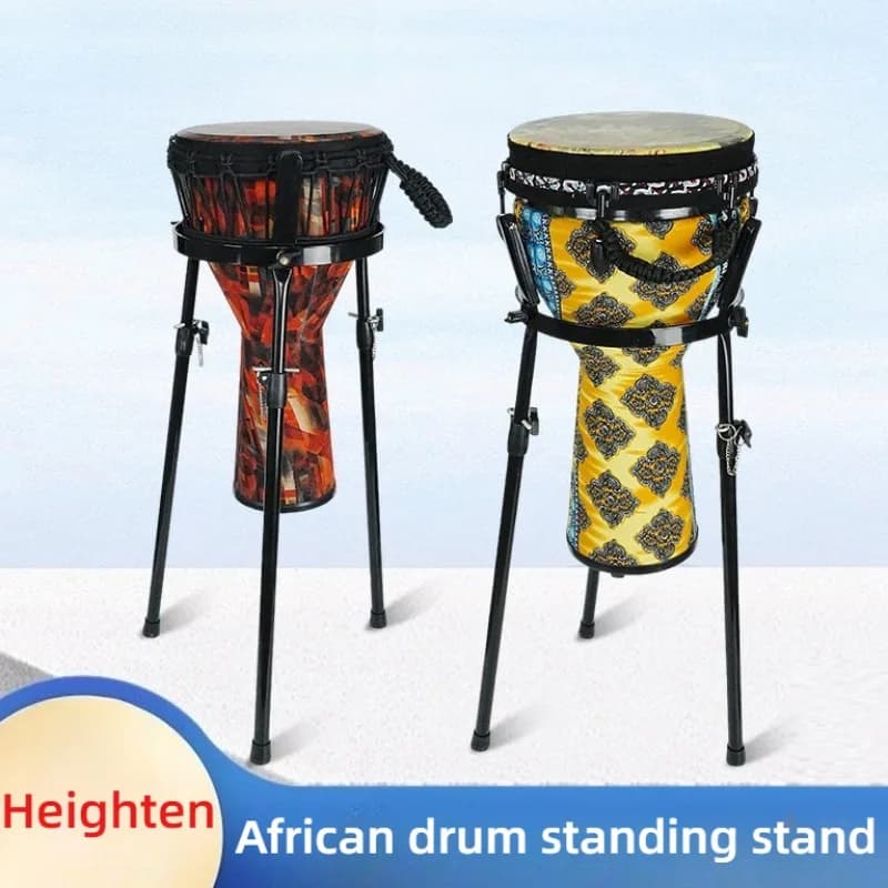 Suporte ajustável para tambor africano, estampa vermelha e preta, estampa amarela e preta, superfície branca, fundo azul com texto