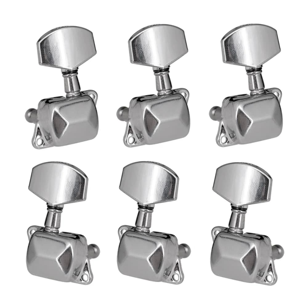 Seis peças de engrenagens de afinação para guitarra, metal prateado, fundo branco
