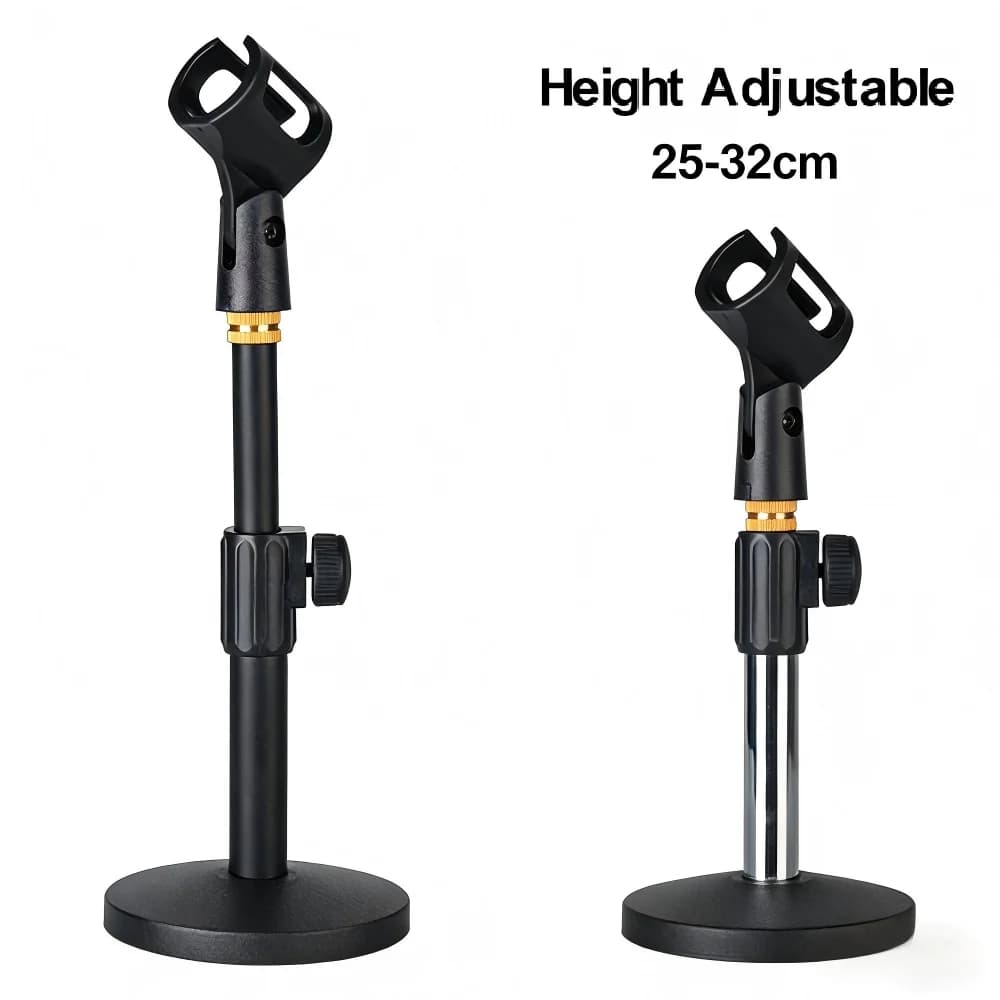 Suporte de microfone ajustável preto e prata com clipe dourado
