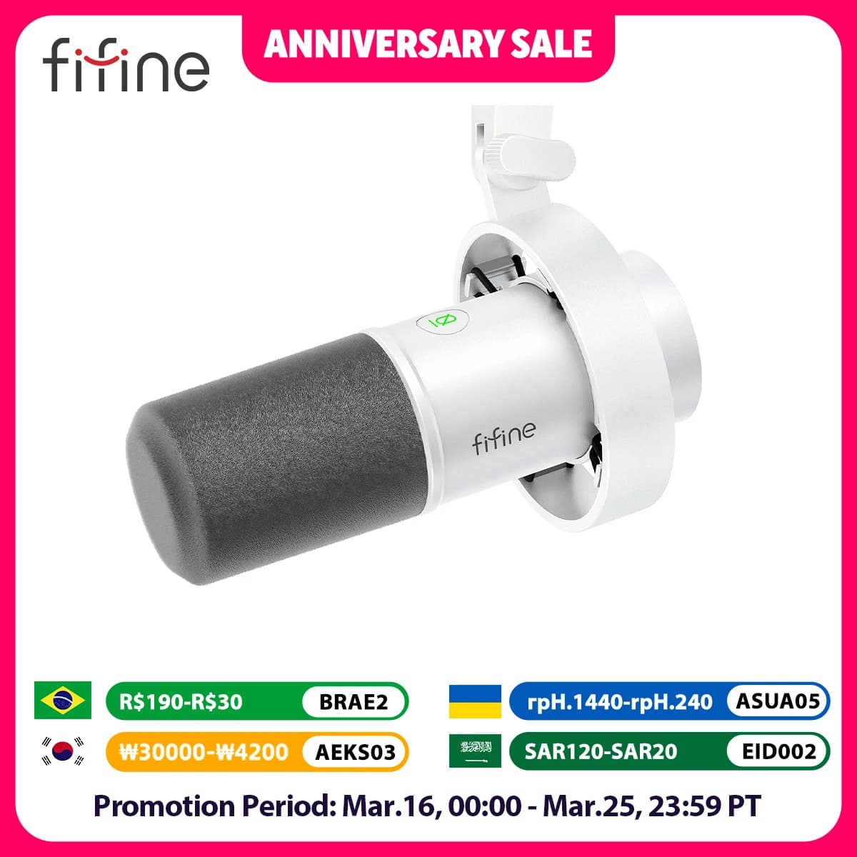 Microfone dinâmico Fifine XLR K688 com botão de ganho e logotipo, em promoção.