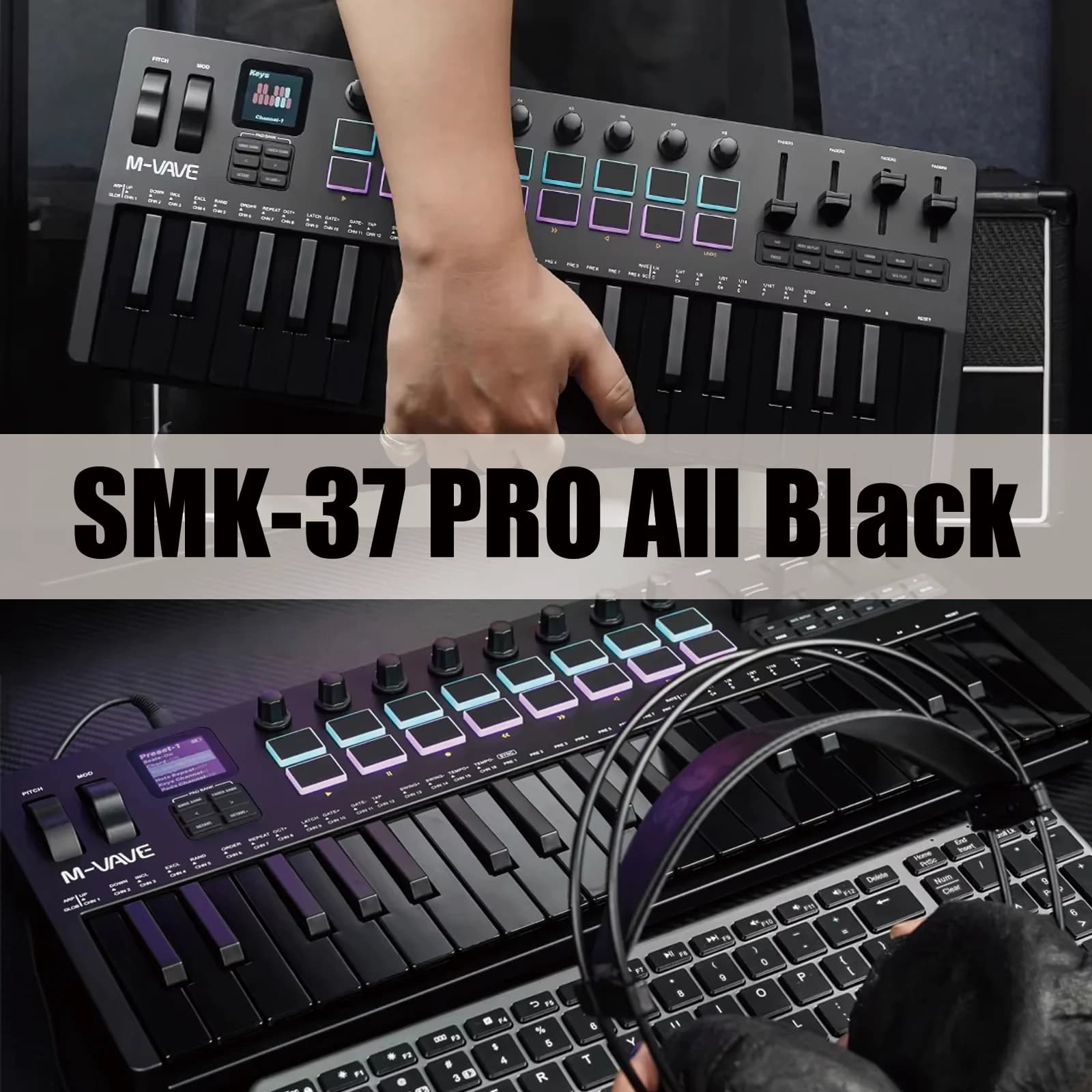 Controlador MIDI M-VAVE SMK-37 PRO 37 teclas preto - 16 almofadas RGB 8 botões sintetizador embutido teclado portátil de produção musical