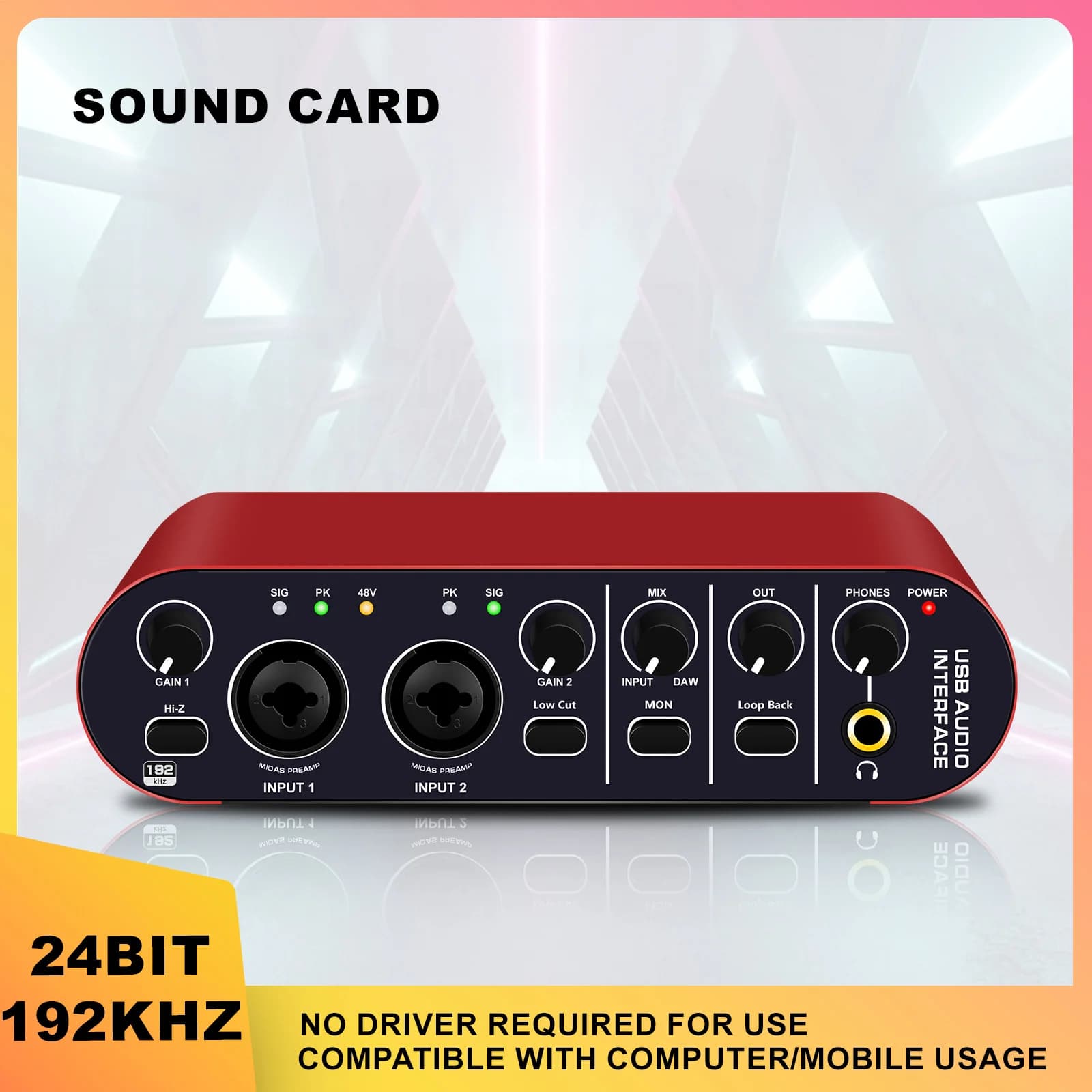 Interface de áudio USB 24 bits/192 kHz para gravação de música, interface XLR com alimentação fantasma de 48 V, caixa de áudio de placa de som para PC