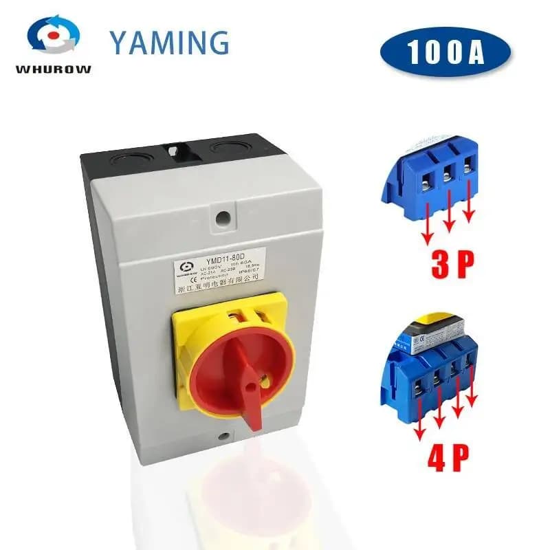 YMD11-100D interruptor isolador 3/4p cadeado liga-desliga cam com caixa à prova d'água gabinete ip65 contato prateado 100a