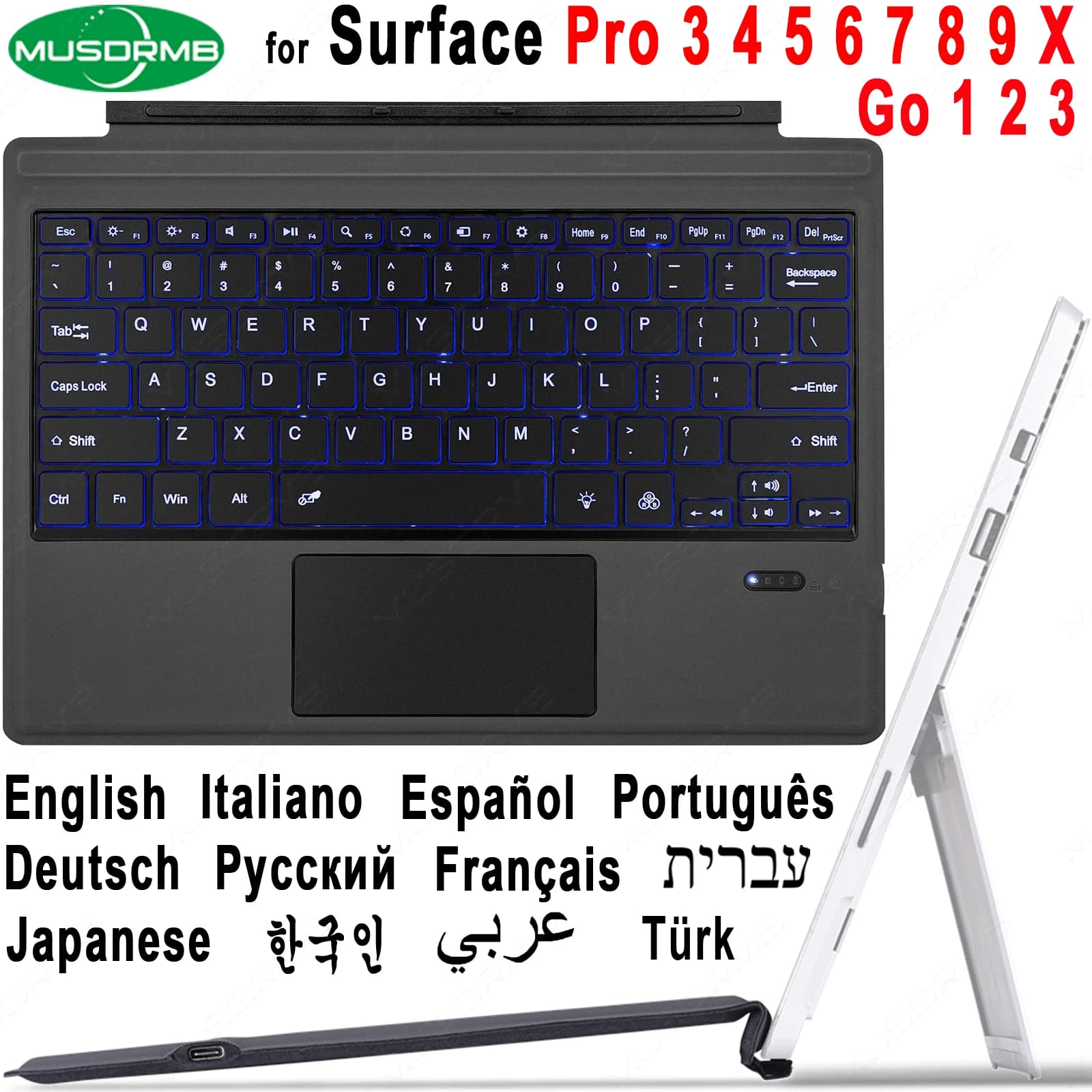 Teclado retroiluminado para microsoft surface pro 3 4 5 6 7 8 9 x go 1 2 3 trackpad teclado magnético sem fio árabe Ñ coreano azerty