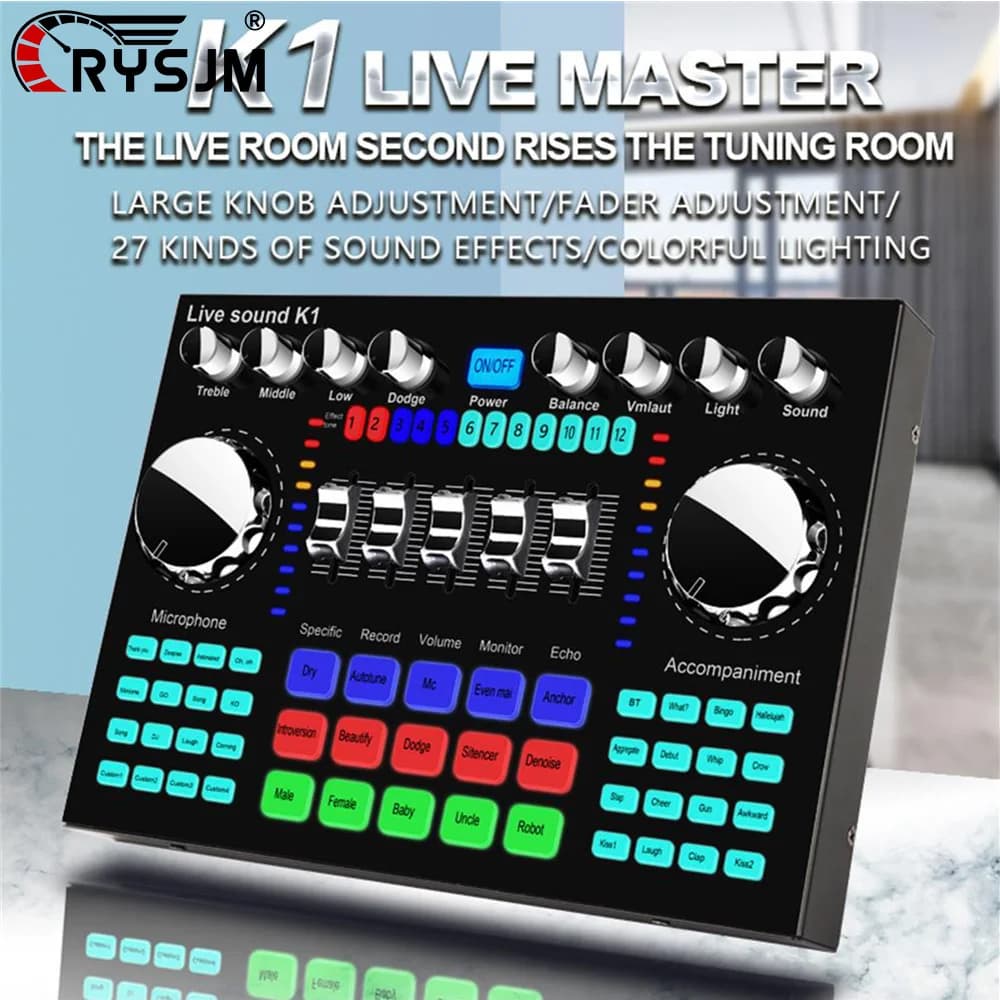 Placa de som ao vivo CRYSM K1 com interface digital e controles de volume e efeitos sonoros