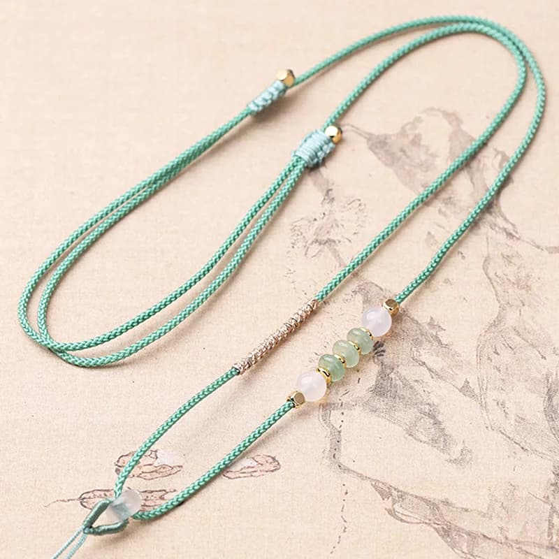 Colar de Contas de Jade com Cordão Trançado de 2cm de Largura e 66cm de Comprimento, Corrente Ajustável para Acessórios de Joias DIY