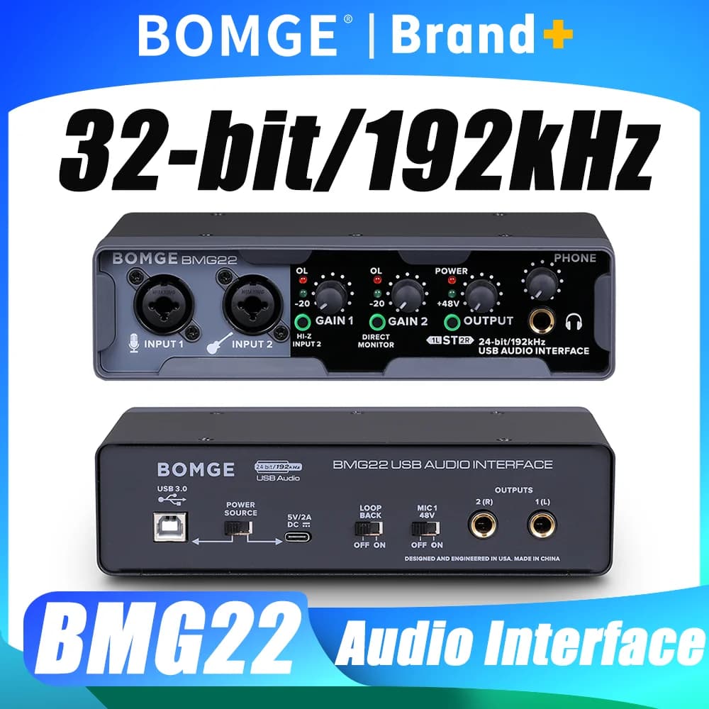 Interface de Áudio USB BOMGE 32 bits/192 kHz com Alimentação Phantom XLR, Monitoramento Direto e Loopback para Gravação em PC e Streaming para Guitarristas