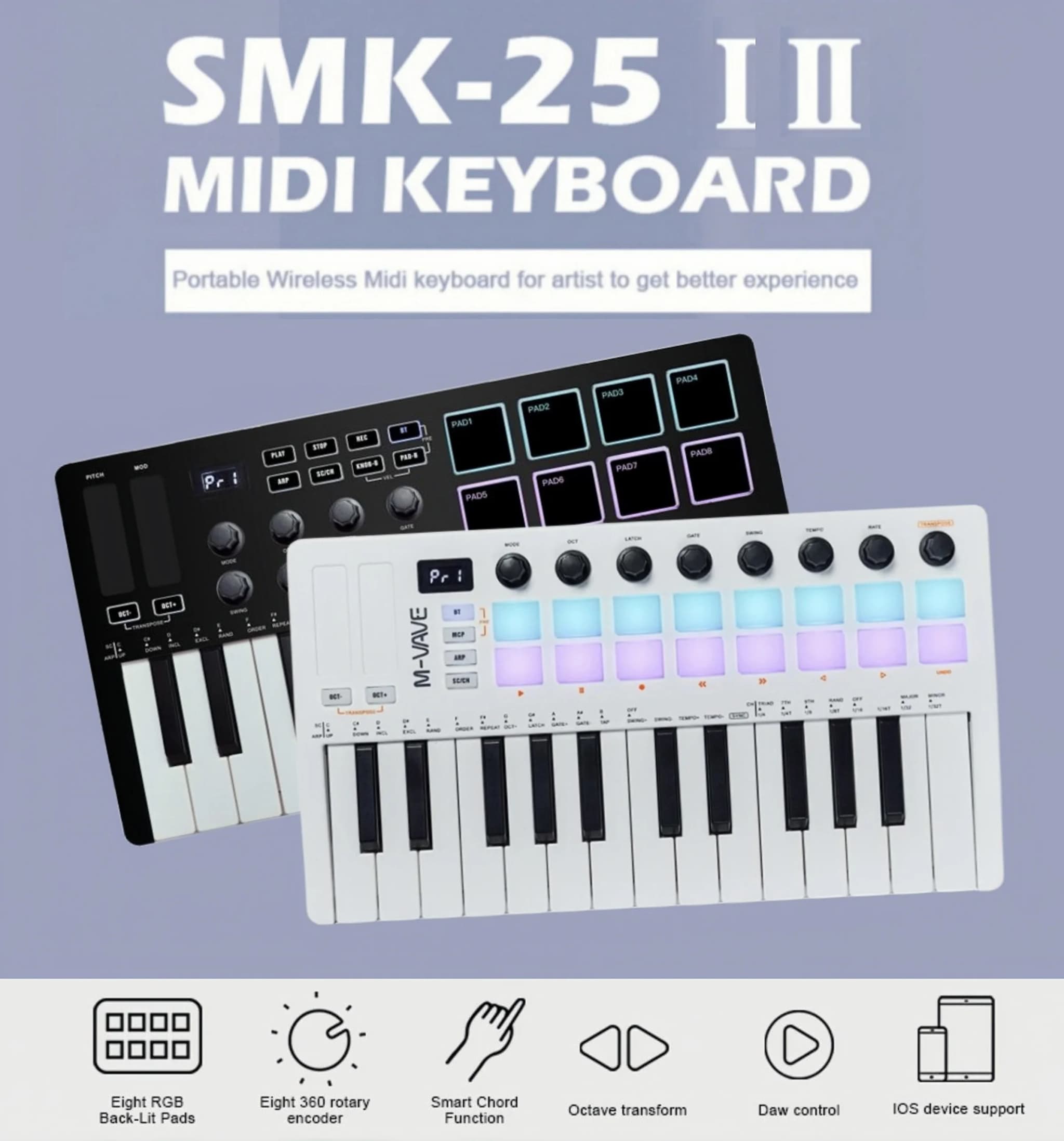 M-VAVE SMK-25 II MIDI Pad Controlador Teclado USB Mini 25 teclas, 16 RGB Drum Pads, 8 botões e produção musical, software incluído