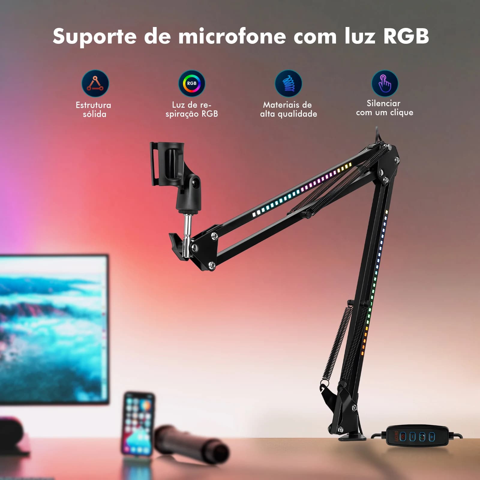Suporte de microfone articulado com luz RGB em preto para mesa de escritório