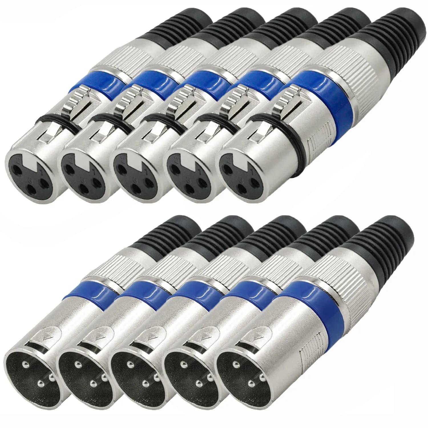 10 conectores XLR de 3 pinos para microfone e cabo de áudio, fêmea e macho, em prata e azul